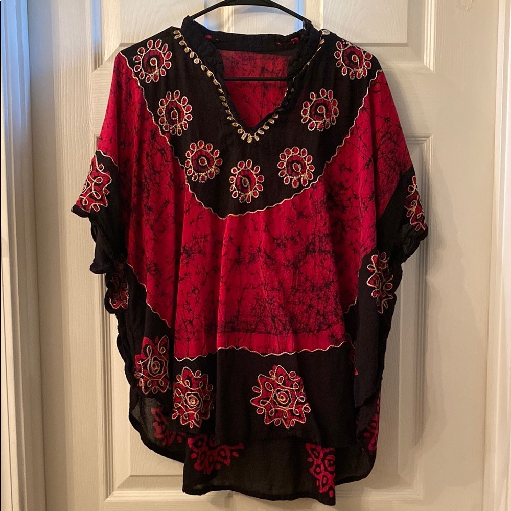 Handmade Embroidered Red and Black Women's Poncho Top - Picture 3 of 11